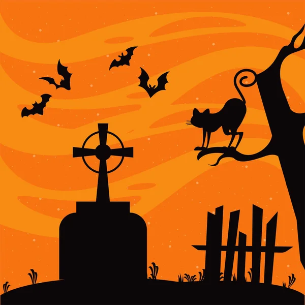 Feliz tarjeta de celebración de Halloween con murciélagos volando y gato en la escena del cementerio — Vector de stock