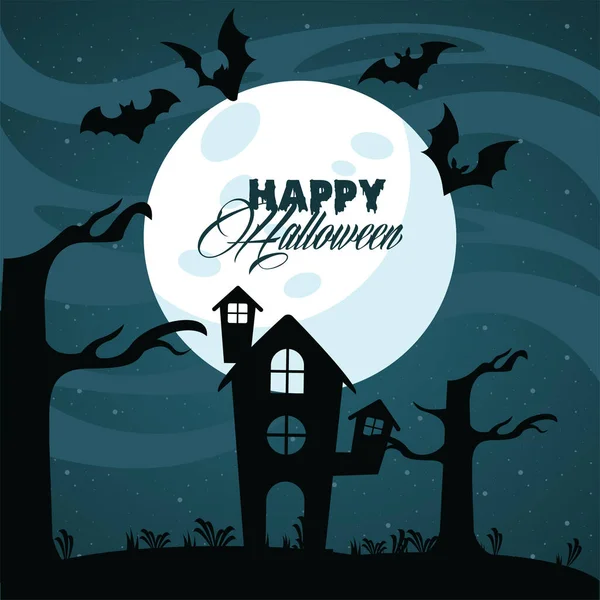 Feliz cartão de celebração halloween com casa assombrada e morcegos voando — Vetor de Stock
