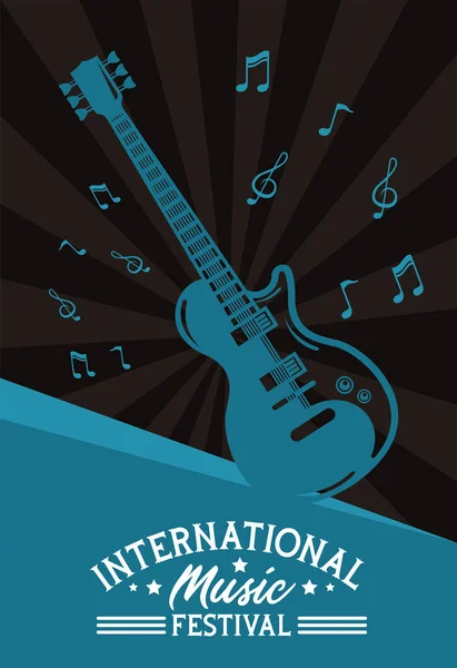Cartel del festival internacional de música con guitarra eléctrica y notas — Vector de stock