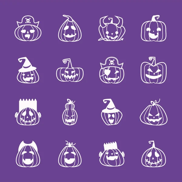 Paquete de calabazas de halloween en iconos de estilo de línea de fondo púrpura — Archivo Imágenes Vectoriales