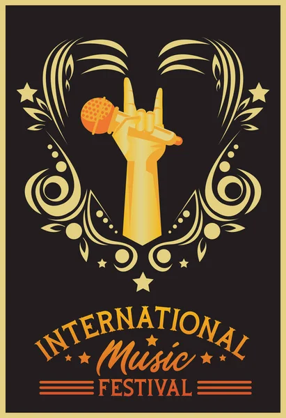Cartel del festival internacional de música con micrófono elevador de manos en fondo negro — Vector de stock