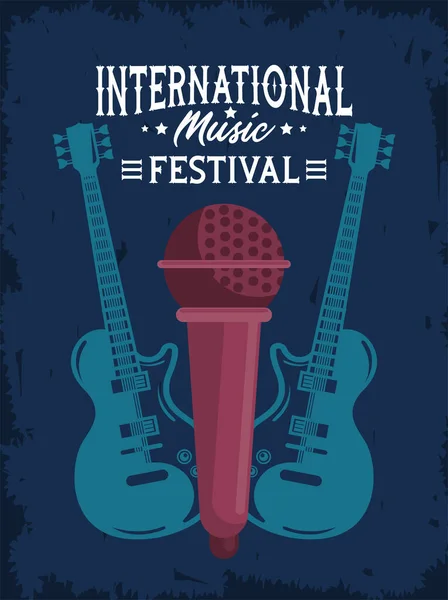 Cartel del festival internacional de música con micrófono y guitarras — Vector de stock