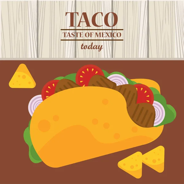 Taco hari perayaan mexican poster dengan nachos di latar belakang kayu - Stok Vektor