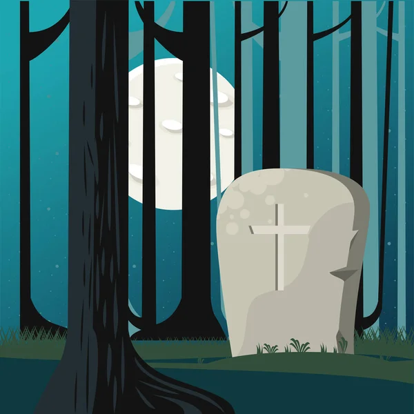 Gelukkig Halloween viering kaart met graf in bos scene — Stockvector
