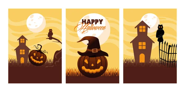 Fröhliche Halloween-Festkarte mit Kürbissen und Geisterhaus-Szenen — Stockvektor