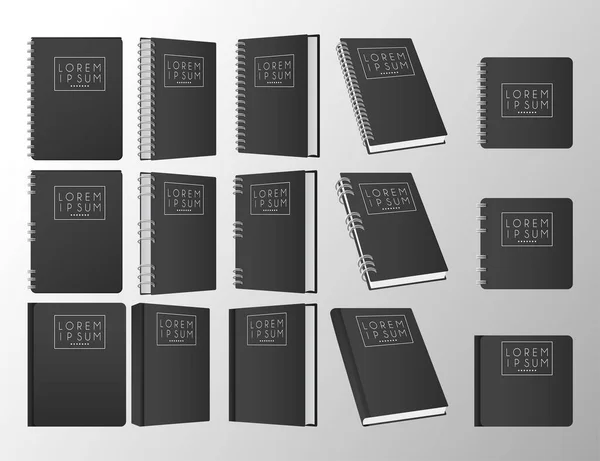 Conjunto de libros y cuadernos maqueta de color negro iconos — Archivo Imágenes Vectoriales