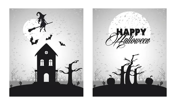 Feliz tarjeta de celebración de Halloween con escenas de castillo embrujado y volando brujas — Vector de stock