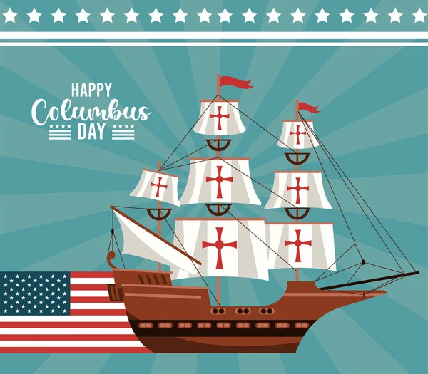 Feliz celebración del día de Colón con velero y bandera de EE.UU. — Archivo Imágenes Vectoriales