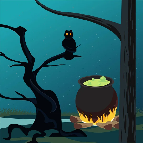 Gelukkig halloween feest kaart met ketel en uil scene — Stockvector