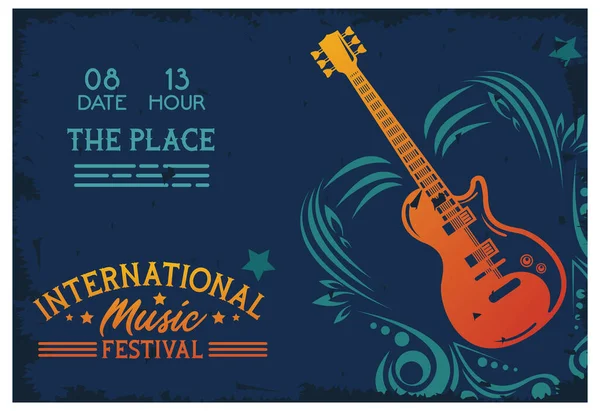 Cartel del festival internacional de música con guitarra eléctrica y letras — Vector de stock