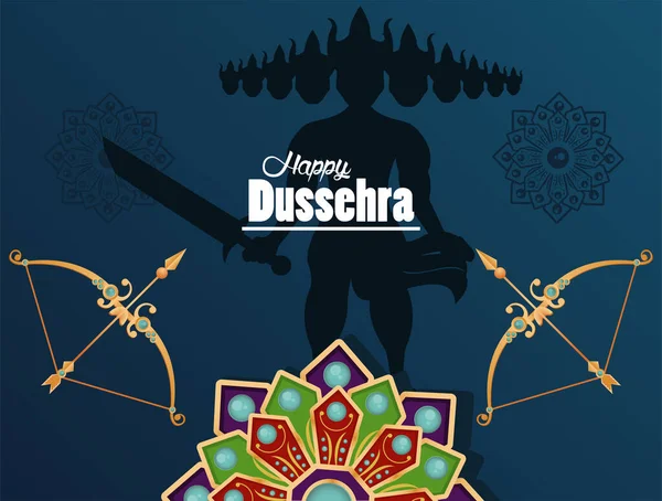 Joyeuse carte de célébration dussehra avec ombre ravana et arcs — Image vectorielle