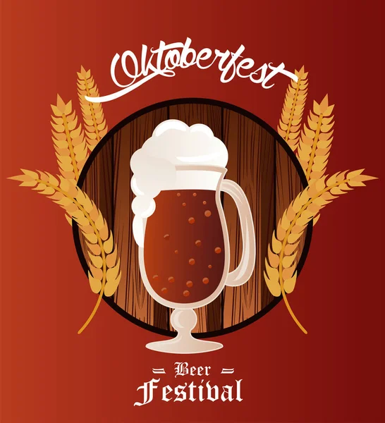 Cartel del festival de celebración oktoberfest con taza de cerveza y púas de cebada — Vector de stock