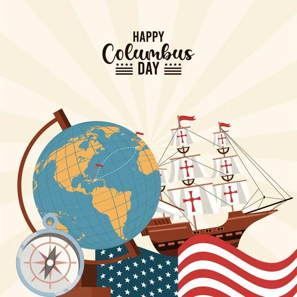 Glad Columbus dag fest med set ikoner affisch — Stock vektor