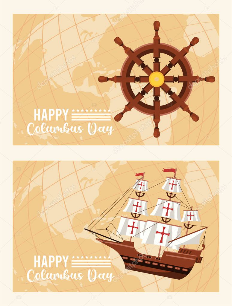 happy columbus day celebration with ship rudder and caravel