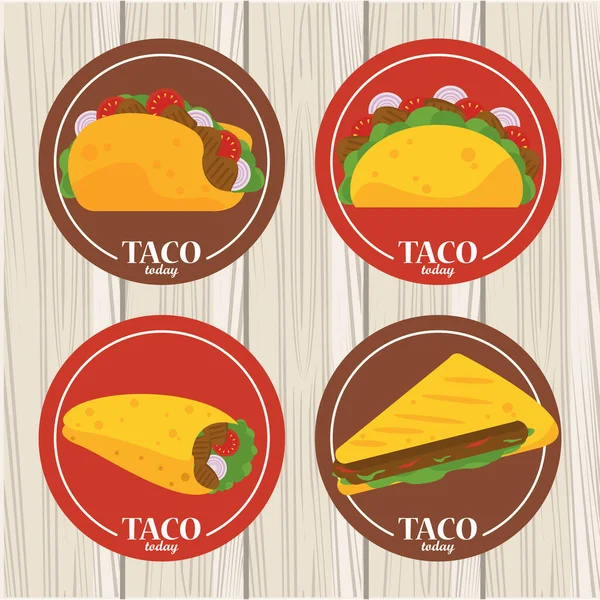 Celebración del día del taco póster mexicano con menú de tacos en fondo de madera — Vector de stock