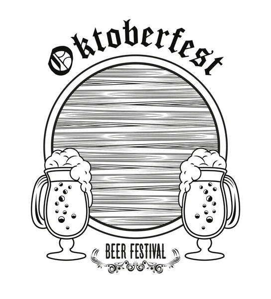 Oktoberfest ünnepi fesztivál fahordóval és sörös poharakkal — Stock Vector