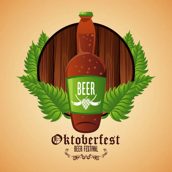 Oktoberfest ünnep fesztivál plakát sörösüveggel fából készült keretben — Stock Vector