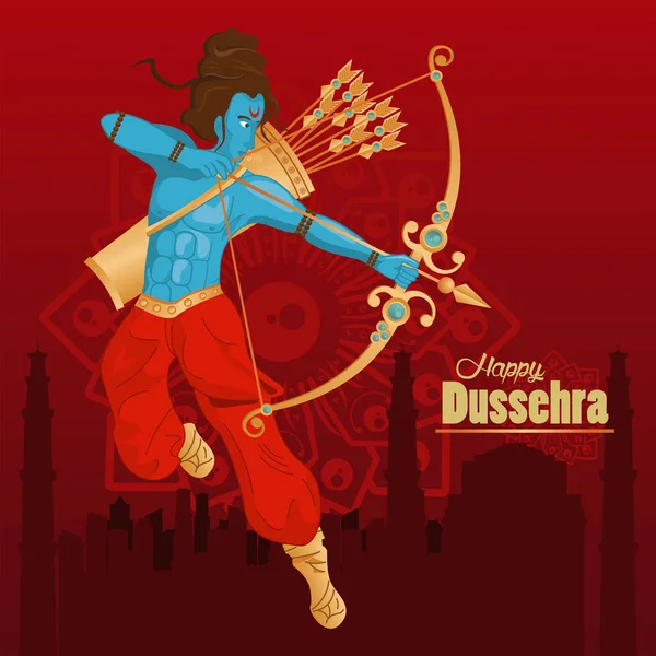 Tarjeta de celebración dussehra feliz con carácter rama azul en fondo rojo — Vector de stock