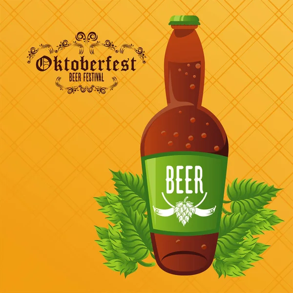 Plakát na slavnostní oslavu oktoberfestu s pivní lahví a listy — Stockový vektor