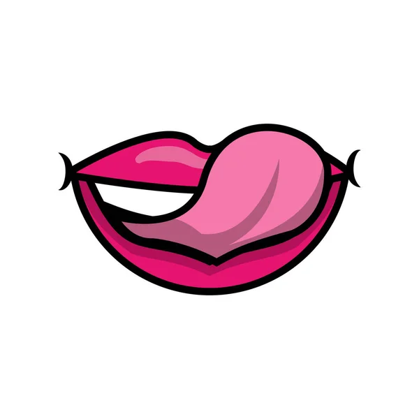 Pop art lamiendo la boca sensualmente los labios y los dientes llenan el icono de estilo — Vector de stock