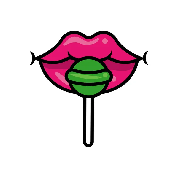 Поп-арт рот з солодкою цукеркою зелений льодяник заповнення стиль значок — стоковий вектор