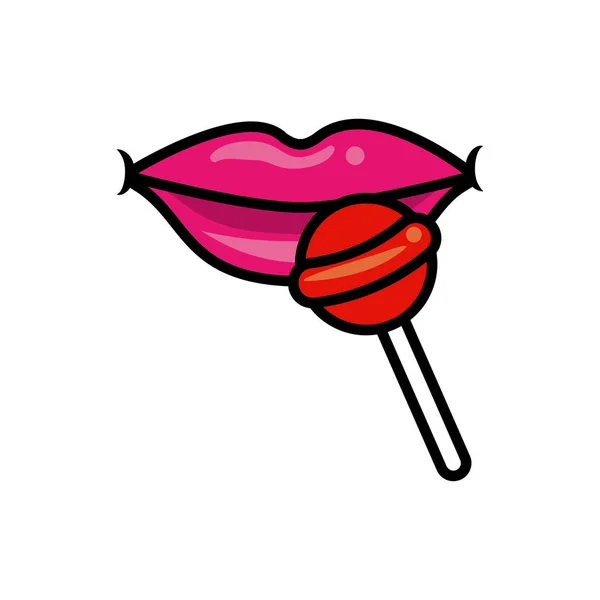 Pop boca de arte con caramelo dulce lollipop rojo estilo de relleno icono — Vector de stock