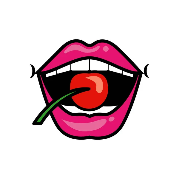 Pop art mouth biting cherry fill style — Stock Vector