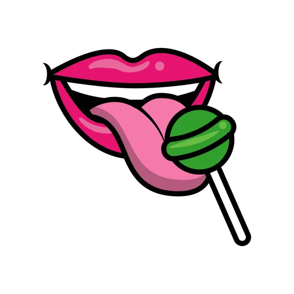 Pop arte boca lamiendo dulce caramelo verde lollipop estilo de relleno icono — Archivo Imágenes Vectoriales