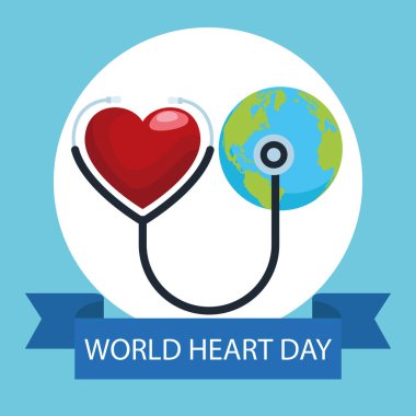 Stetoskop ve Dünya Gezegeni ile Dünya Kalp Günü harfleri