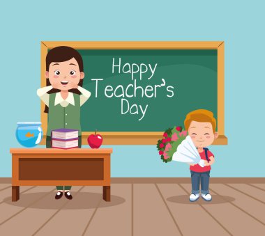 Öğretmen ve okul çocuğuyla mutlu öğretmenler günü sahnesi