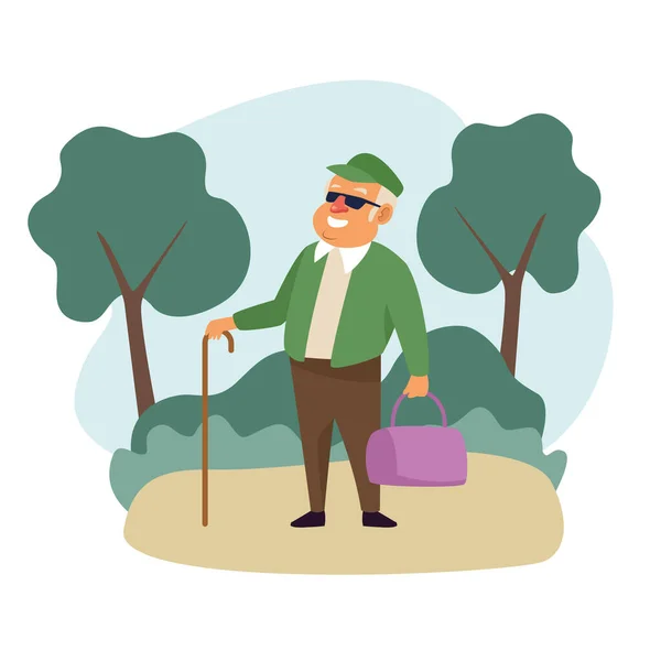 Old man with handbag in the landscape active senior character — Stock Vector