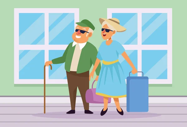 Old couple with suitcases in the house active seniors characters — Stock Vector