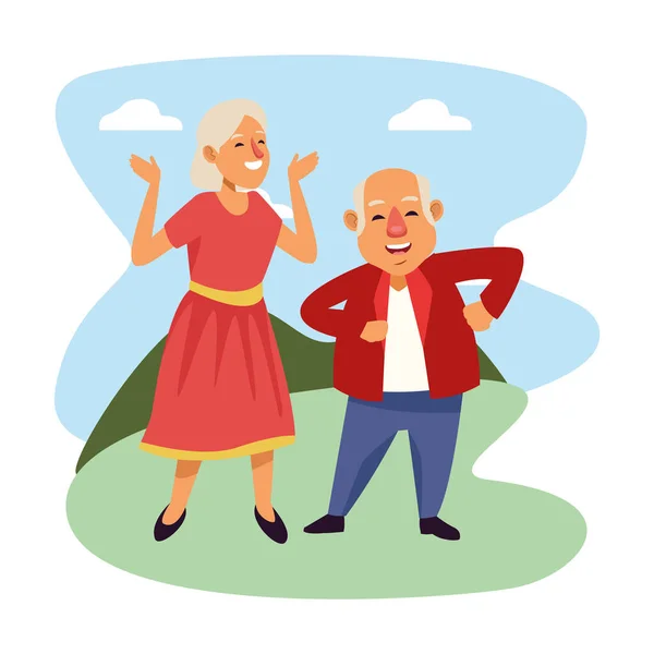 Kampta dans eden yaşlı çift aktif yaşlı karakterler. — Stok Vektör