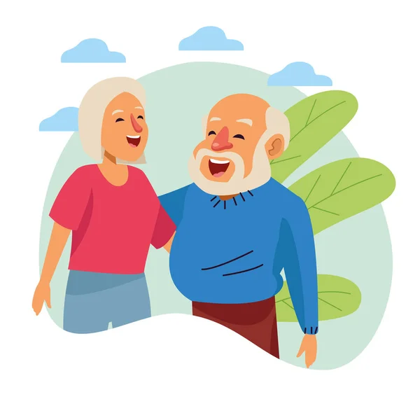 Viejo pareja feliz al aire libre escena activo seniors caracteres — Vector de stock