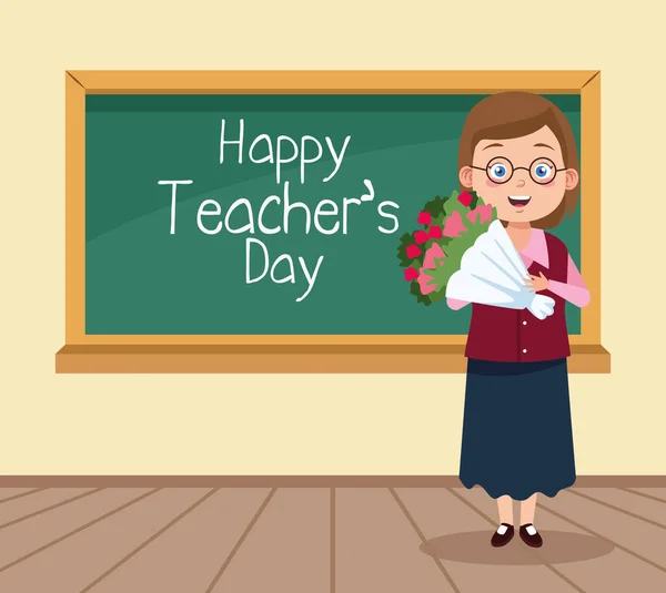 Feliz día de maestros escena con el profesor y flores en el aula — Vector de stock