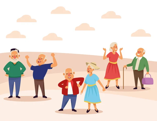 Old people active seniors characters in the camp scene — Stock Vector