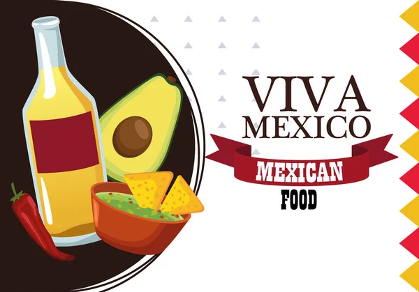 Viva mexico letras y afiche de comida mexicana con tequila y nachos — Vector de stock