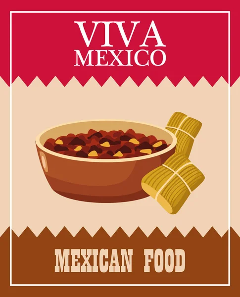 Viva letras mexicanas y afiche de comida mexicana con frijoles refritos y tamales — Vector de stock