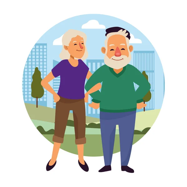 Ηλικιωμένο ζευγάρι στην πόλη ενεργό ηλικιωμένους χαρακτήρες — Διανυσματικό Αρχείο