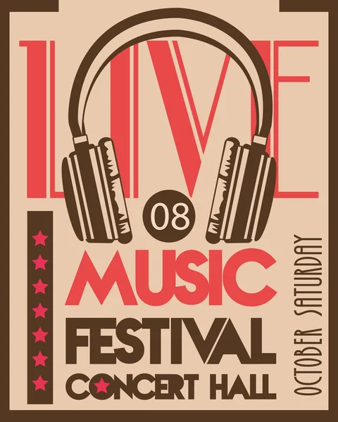 Poster del festival musicale con dispositivo audio per cuffie in sottofondo vintage — Vettoriale Stock