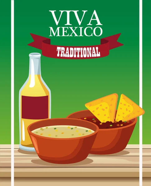 Viva mexico letras y afiche de comida mexicana con nachos en salsas y tequila — Vector de stock