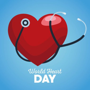 Dünya Kalp Günü harfleri mavi arka planda steteskopla yazılmış.