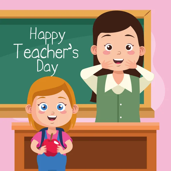 Feliz día de maestros escena con el profesor y la colegiala en el aula — Vector de stock