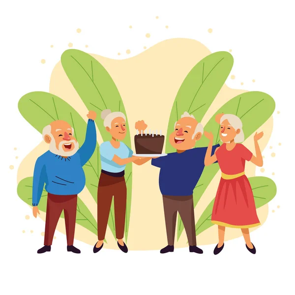 Personnes âgées avec gâteau sucré personnages aînés actifs — Image vectorielle