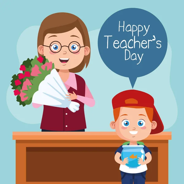 Feliz día de maestros escena con profesor y colegial levantando flores — Vector de stock