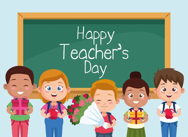 Happy teachers day scene with students kids in classroom — Stock Vector