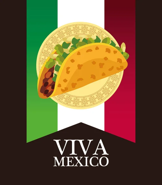 Viva letras mexicanas y póster de comida mexicana con taco en bandera — Vector de stock