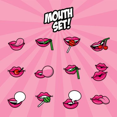 bundle of twelve pop art mouths fill style icons clipart