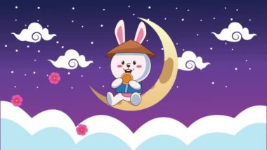 Sonbahar ortası festival animasyonu. Tavşan ve bulutlarda hilal var.