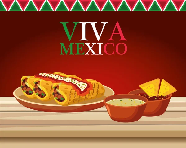 Viva mexico letras y afiche de comida mexicana con burritos y salsas — Vector de stock